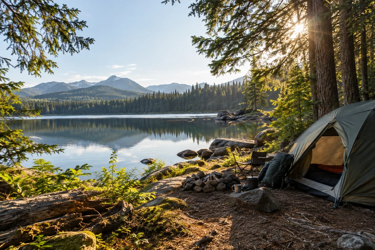 A quiet lakeside campsite surrounded by trees and mountains
