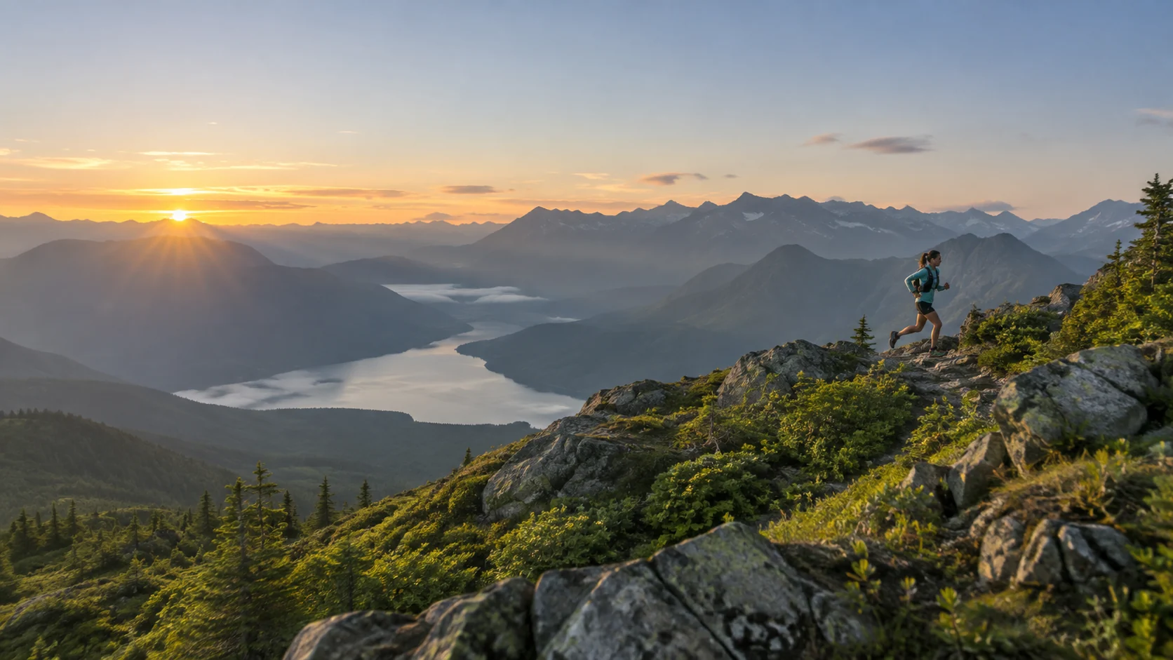 A runner following a mountain trail above a lake at sunrise